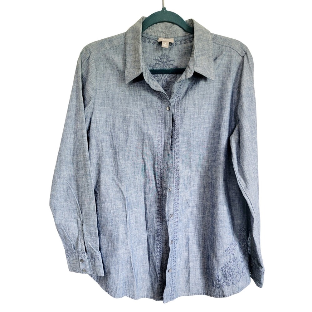 J. Jill S‎ Blue Denim Look Embroidered Top LS Button Front Cotton New